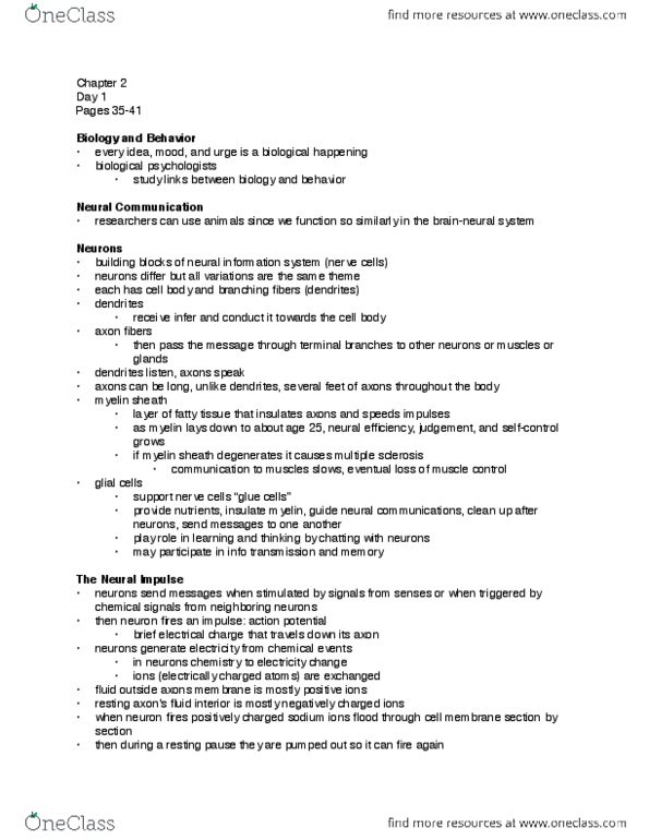 PSYC 107 Chapter Notes - Chapter 2 Pages 35-41: Myelin, Multiple Sclerosis, Reuptake thumbnail