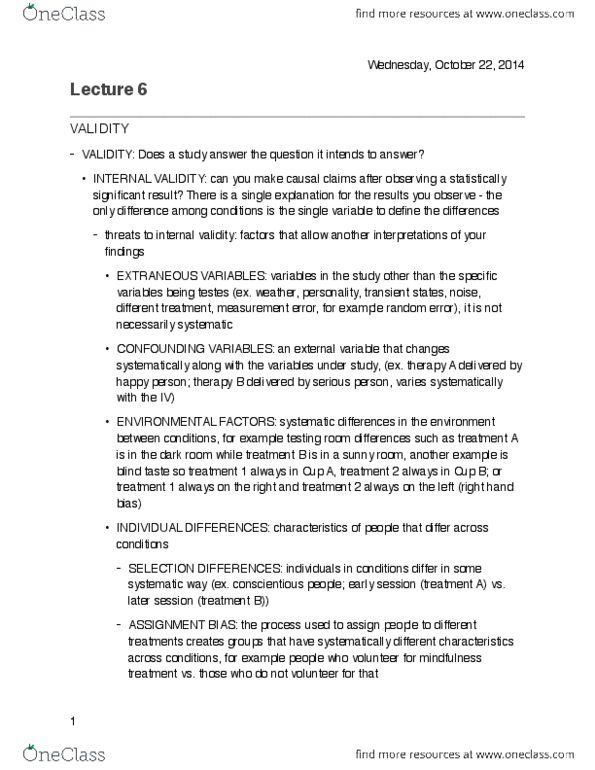 PSY309H5 Lecture Notes - Lecture 6: External Variable, Internal Validity, Observational Error thumbnail