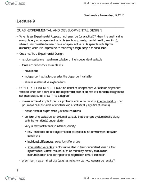 PSY309H5 Lecture Notes - Lecture 9: External Variable, Bipolar Disorder, Random Assignment thumbnail