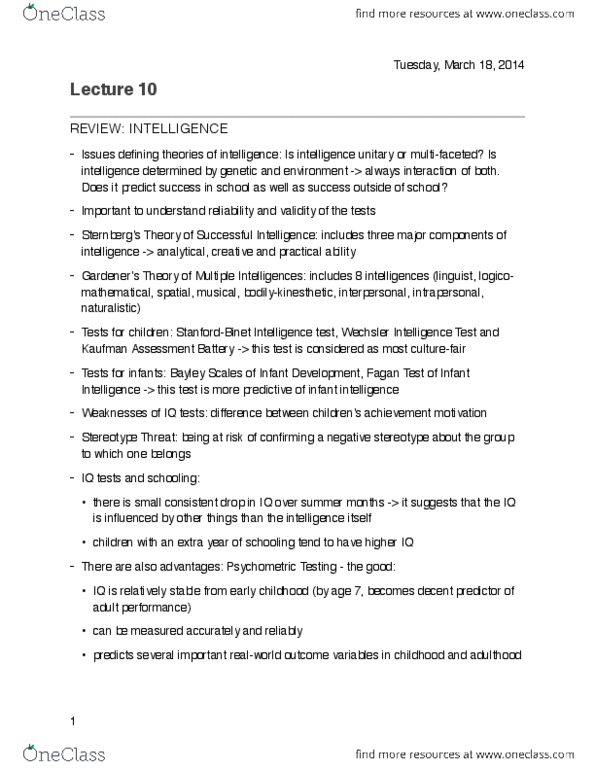 PSY210H5 Lecture Notes - Lecture 10: Theory Of Multiple Intelligences, Fetus, Fragile X Syndrome thumbnail