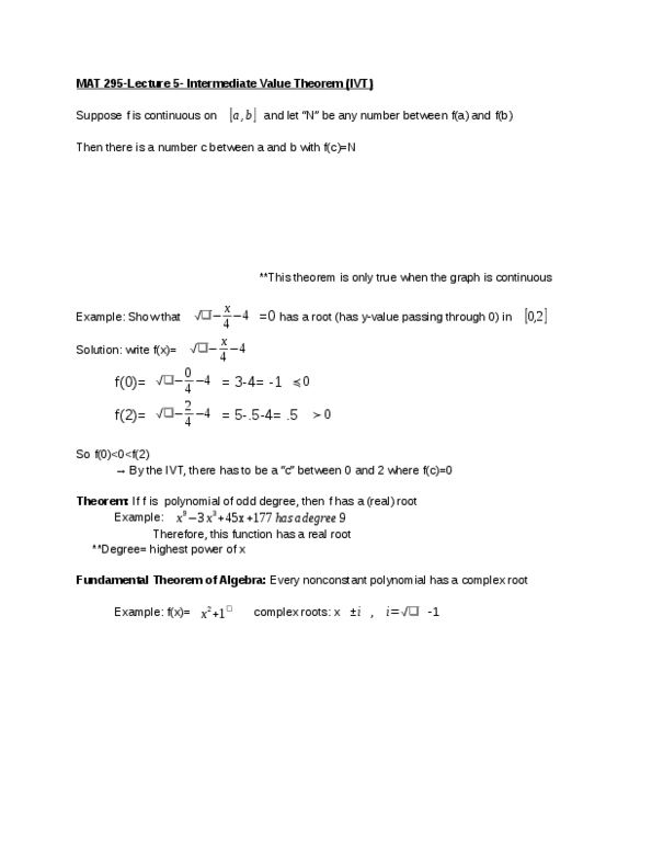 MAT 295 Lecture Notes - Lecture 5: Intermediate Value Theorem thumbnail