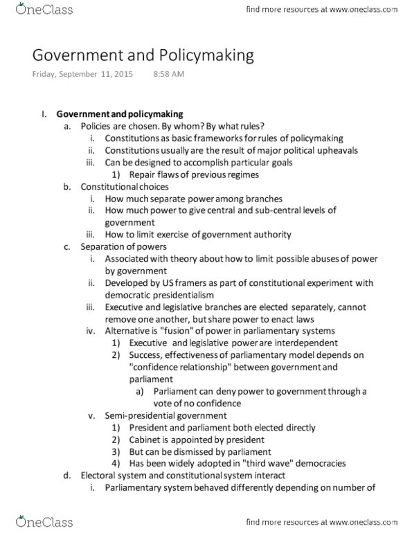 POLS 120 Lecture Notes - Lecture 5: Westminster System, Indirect Election, Majority Minority thumbnail