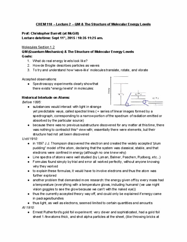 CHEM 110 Lecture Notes - Lecture 2: Spectroscopy, Emission Spectrum, Absorption Spectroscopy thumbnail