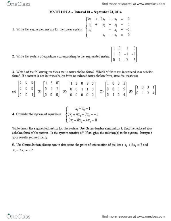 MATH 1119 Lecture Notes - Lecture 1: Row Echelon Form, Augmented Matrix thumbnail