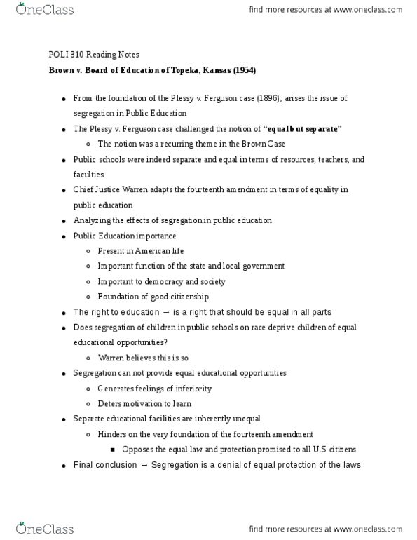 POLI 310 Chapter Notes - Chapter Appendix : Equal Protection Clause thumbnail