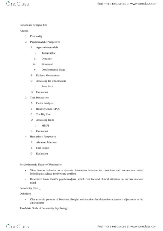 PSY 1102 Lecture Notes - Lecture 5: Extraversion And Introversion, Neuroticism, Conscientiousness thumbnail