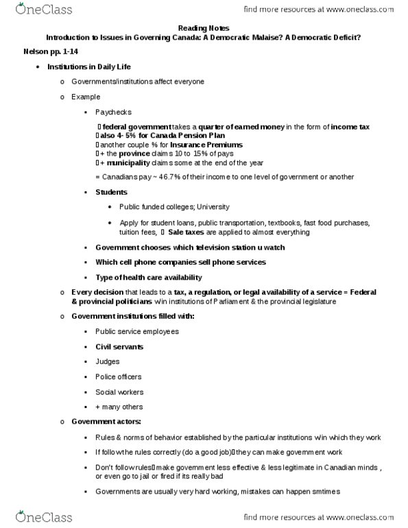 POLI 221 Chapter Notes - Chapter 1: Canada Pension Plan, Bicameralism, Parliamentary System thumbnail