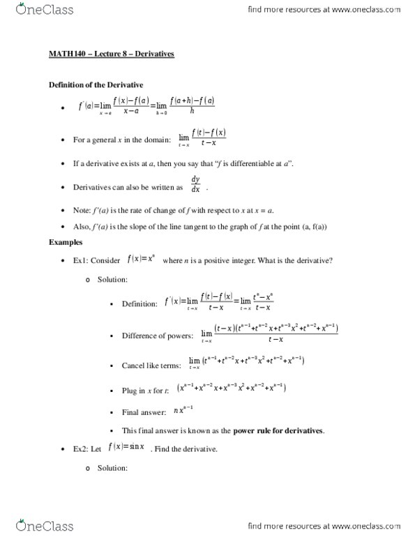 MATH 140 Lecture Notes - Lecture 8: Power Rule, Differentiable Function, If And Only If thumbnail