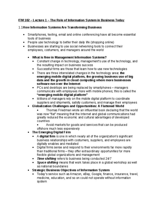 ITM 102 Lecture Notes - Lecture 1: Management Information System, Web Conferencing, Information System thumbnail