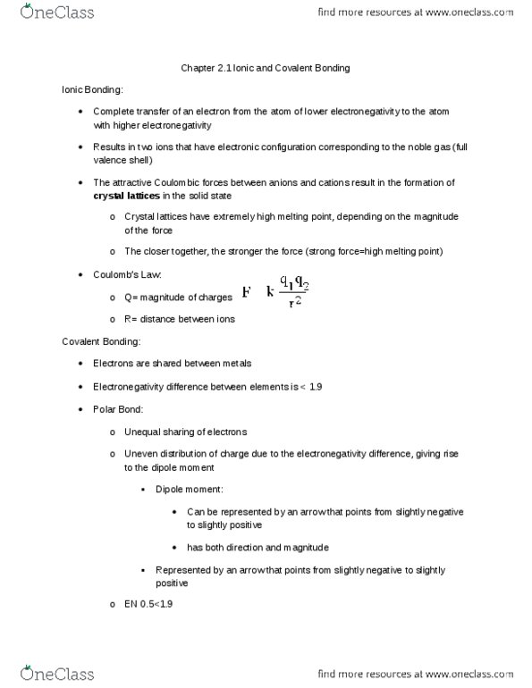 Chemistry 1301A/B Chapter Notes - Chapter 2.1: Covalent Bond, Noble Gas, Electronegativity thumbnail