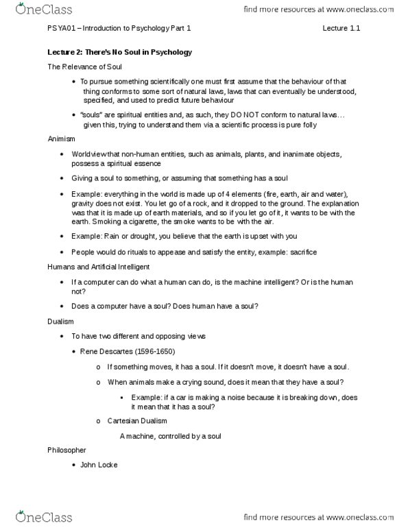 PSYA01H3 Lecture Notes - Lecture 2: Empiricism, Speech Production, Materialism thumbnail