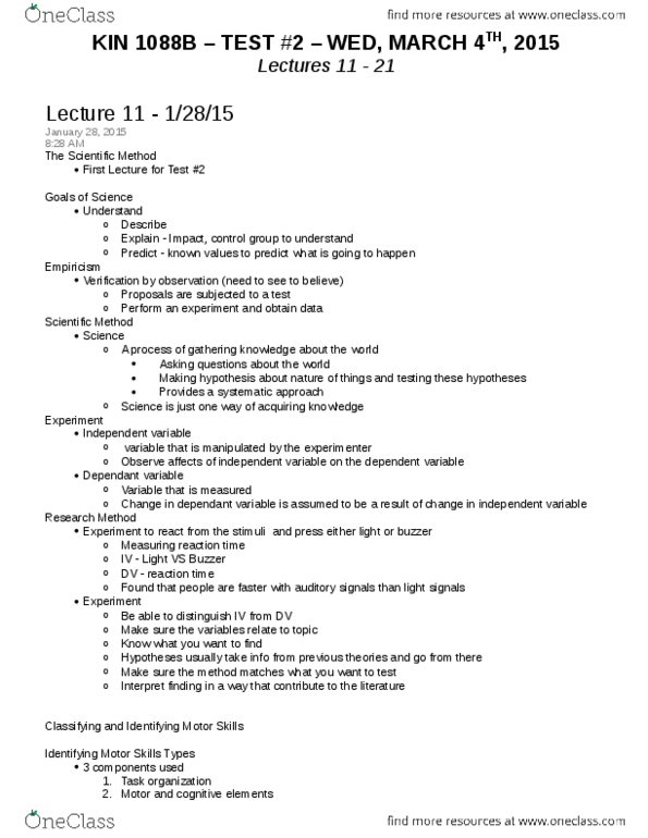 Kinesiology 1080A/B Lecture Notes - Lecture 11: Central Nervous System, Dependent And Independent Variables, Mental Chronometry thumbnail