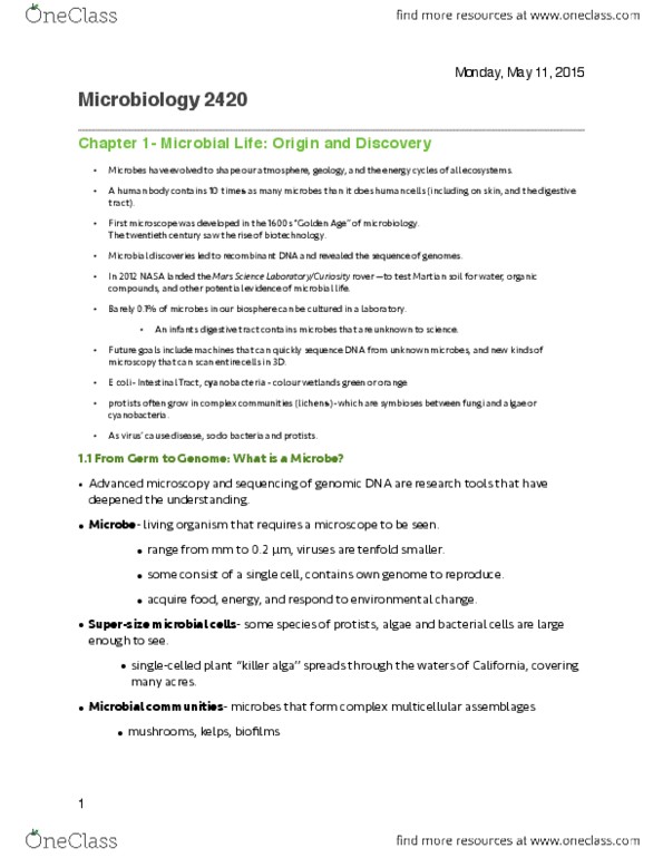 MICR 2430 Lecture Notes - Lecture 1: Martian Soil, Cyanobacteria, Algae thumbnail