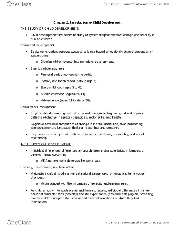 CLD 101 Chapter Notes - Chapter 1: Child Development, Heredity, Behaviorism thumbnail