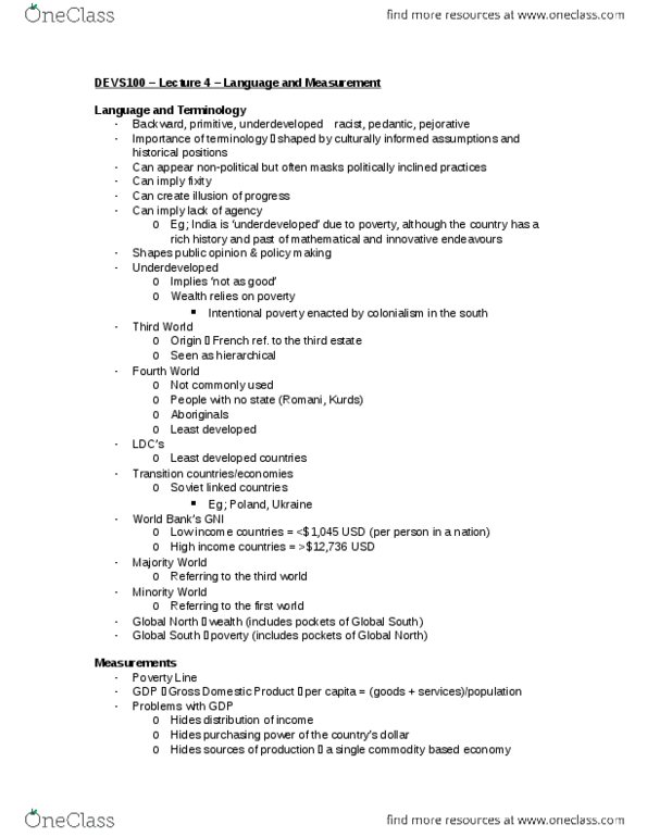 DEVS 100 Lecture Notes - Lecture 4: Least Developed Countries, Gender Development Index, Sustainable Development Goals thumbnail