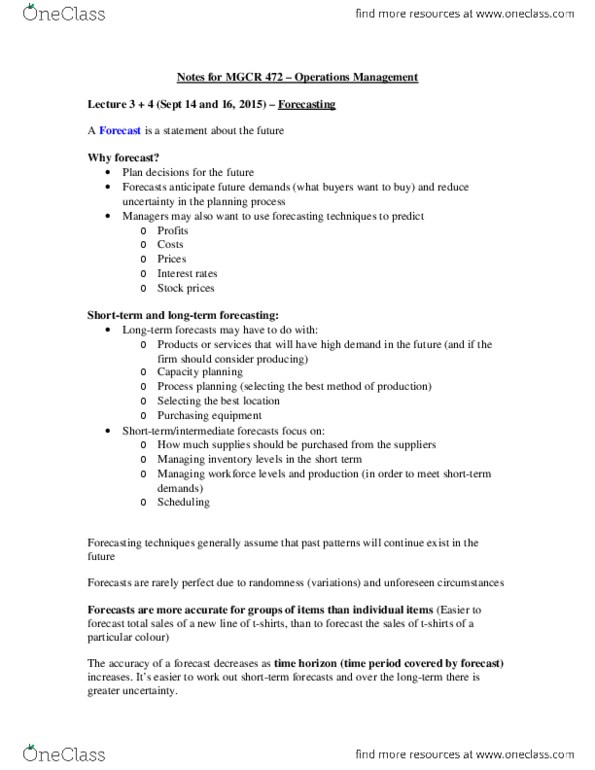 MGCR 472 Lecture Notes - Lecture 3: Capacity Planning, Exponential Smoothing, Time Series thumbnail