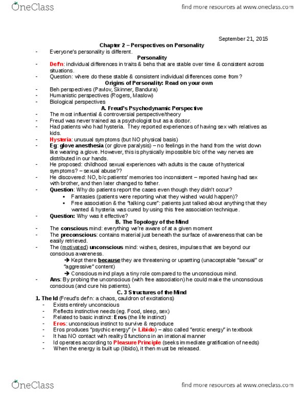 Psychology 2035A/B Lecture Notes - Lecture 1: Unconscious Mind, The Conscious Mind, Libido thumbnail