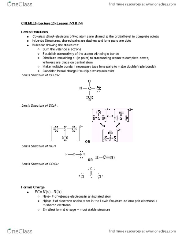 CHEM 110 Lecture Notes - Lecture 13: Lone Pair, Valence Electron, Lewis Structure thumbnail