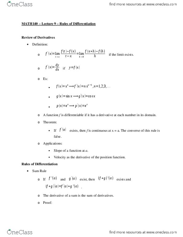 MATH 140 Lecture Notes - Lecture 9: Quotient Rule, Product Rule thumbnail