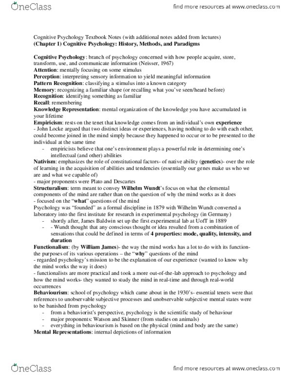 PSYC 3260 Chapter Notes - Chapter all: Hindbrain, Connectionism, Empiricism thumbnail