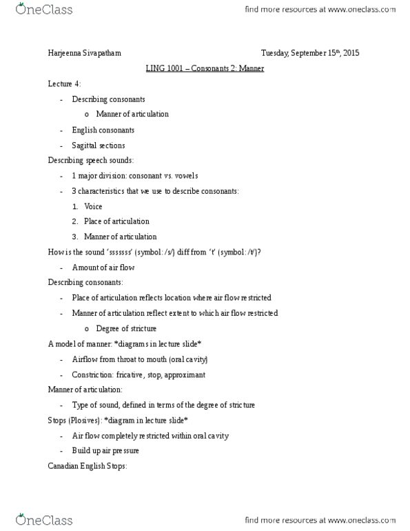 LING 1001 Lecture Notes - Lecture 4: Canadian English, Vocal Folds, Tight Closure thumbnail
