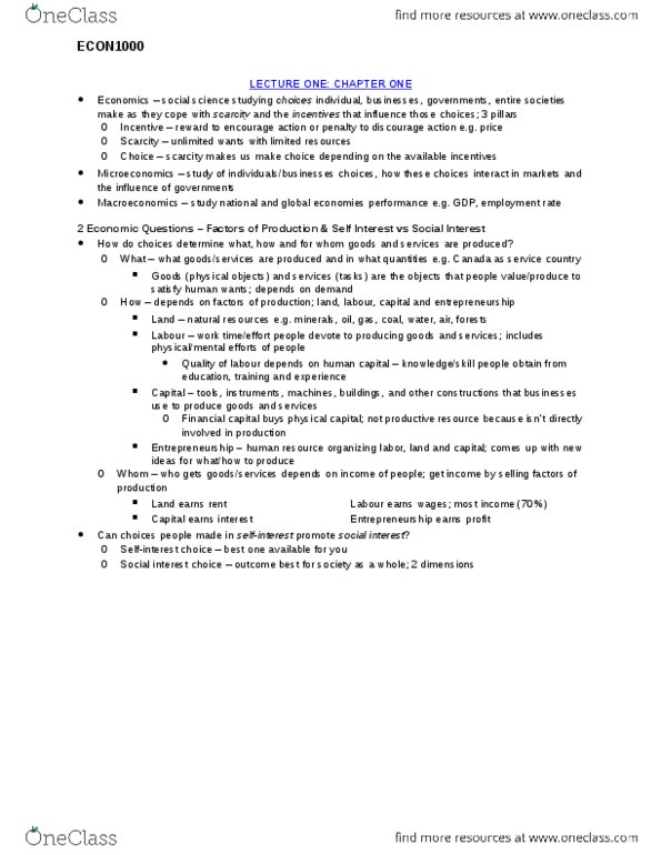 ECON 1000 Chapter Notes - Chapter 1: International Trade, Opportunity Cost, Economic Model thumbnail
