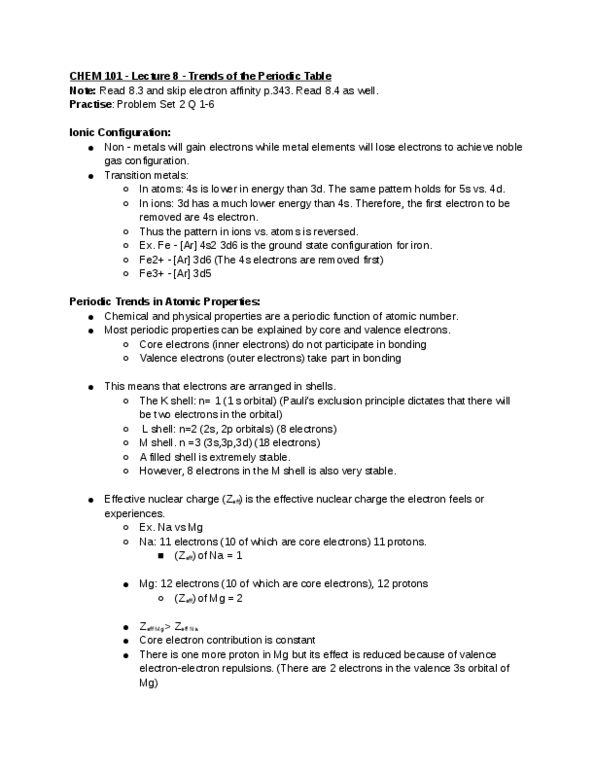 CHEM101 Lecture Notes - Lecture 8: Valence Electron, Electron Affinity, Periodic Function thumbnail