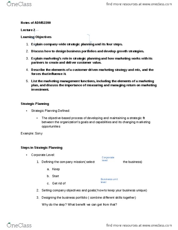 ADMS 2200 Lecture Notes - Lecture 2: Rill, Dell, Cost Leadership thumbnail