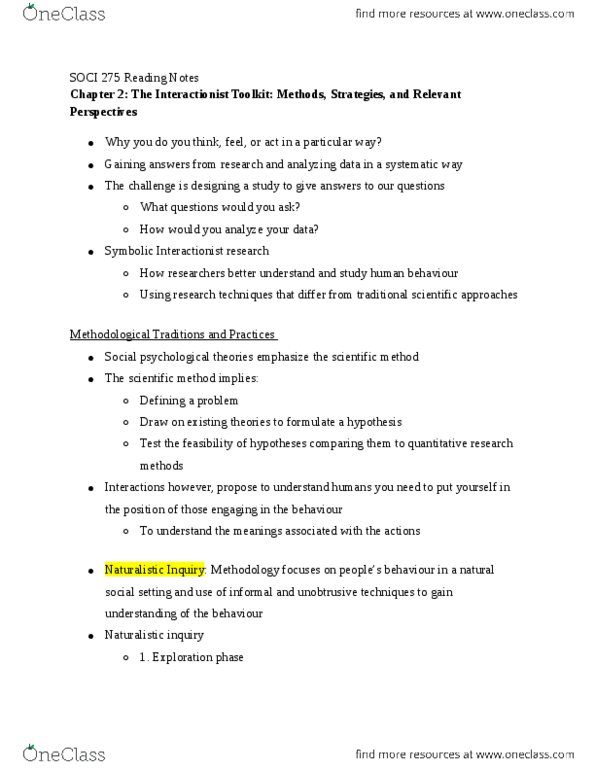SOCI 275 Chapter 2: Chapter 2 The Interactionist Toolkit Methods Strategies and Relevant Perspectives thumbnail