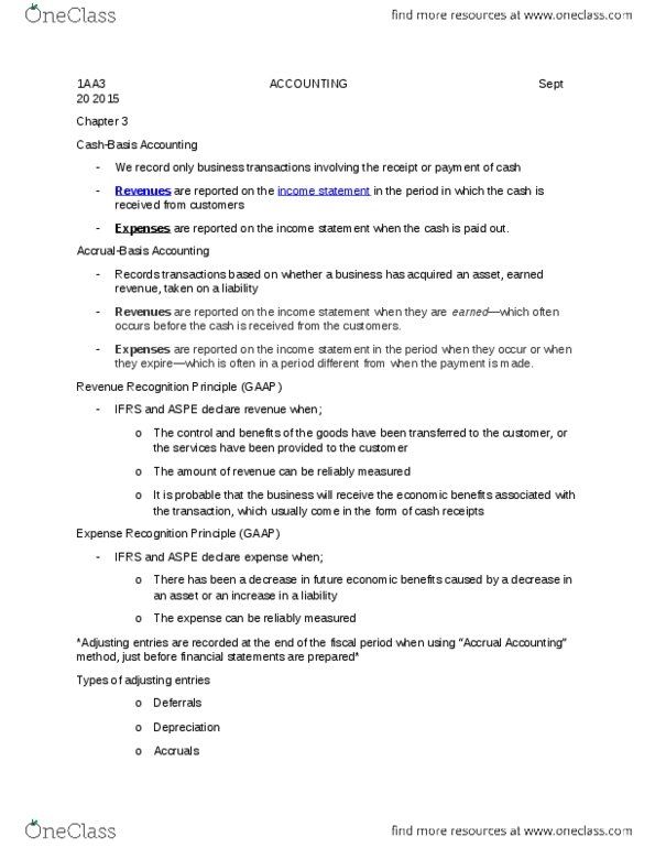 COMMERCE 1AA3 Chapter Notes - Chapter 3: Income Statement, Accrual, Deferral thumbnail