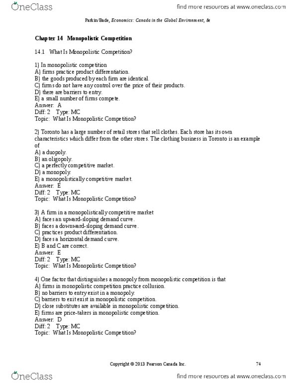 ECON 1000 Chapter Notes - Chapter 14: Monopolistic Competition, Pearson Education, Perfect Competition thumbnail