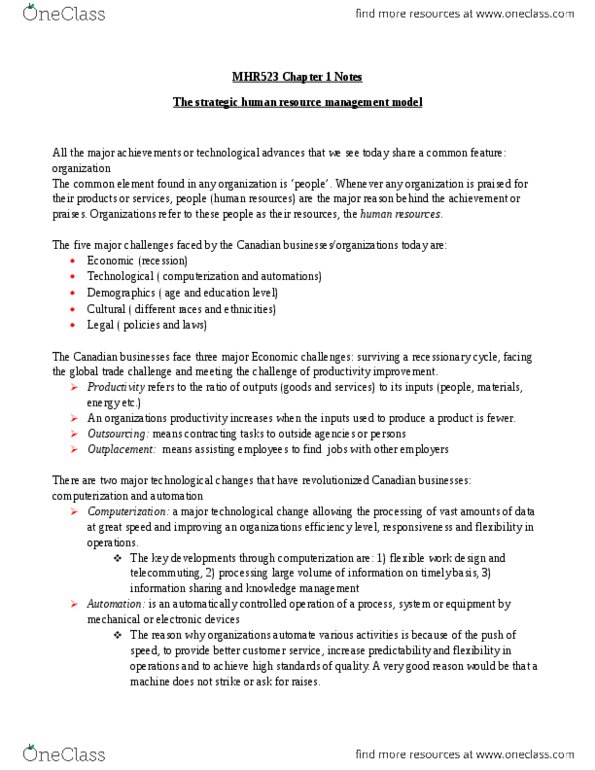 MHR 523 Lecture Notes - Lecture 1: Human Resource Management, Job Design, Telecommuting thumbnail