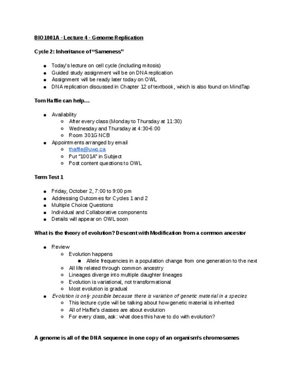 Biology 1001A Lecture Notes - Lecture 4: Intermediate Filament, Microfilament, Metaphase thumbnail