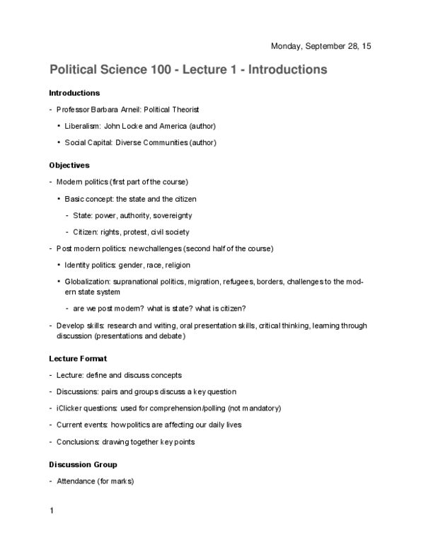 POLI 100 Lecture Notes - Lecture 1: Identity Politics, News, Microsoft Powerpoint thumbnail