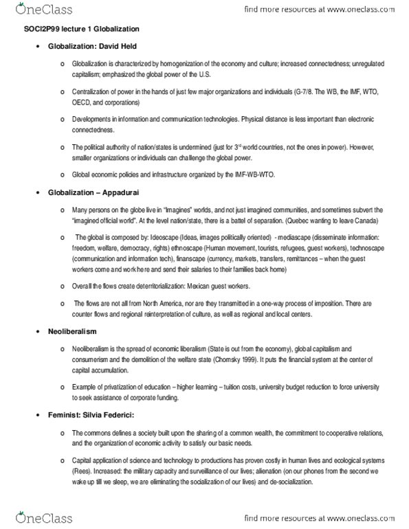 SOCI 2P99 Lecture Notes - Lecture 1: World Trade Organization, Neoliberalism thumbnail