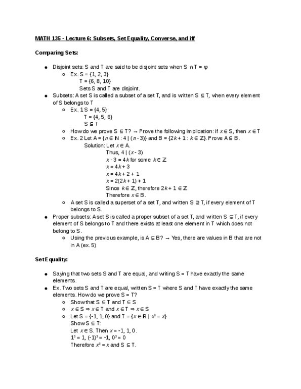 MATH135 Lecture Notes - Lecture 6: Disjoint Sets, If And Only If, Subset thumbnail