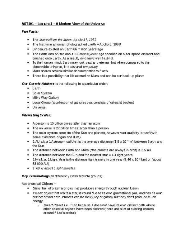 AST101H1 Lecture Notes - Lecture 1: Milky Way, Observable Universe, Local Group thumbnail