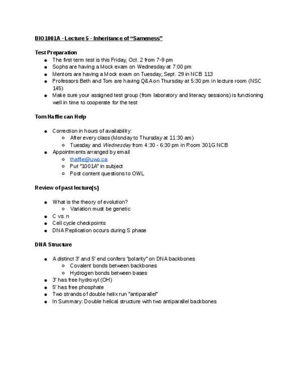 Biology 1001A Lecture Notes - Lecture 5: Dna Replication thumbnail
