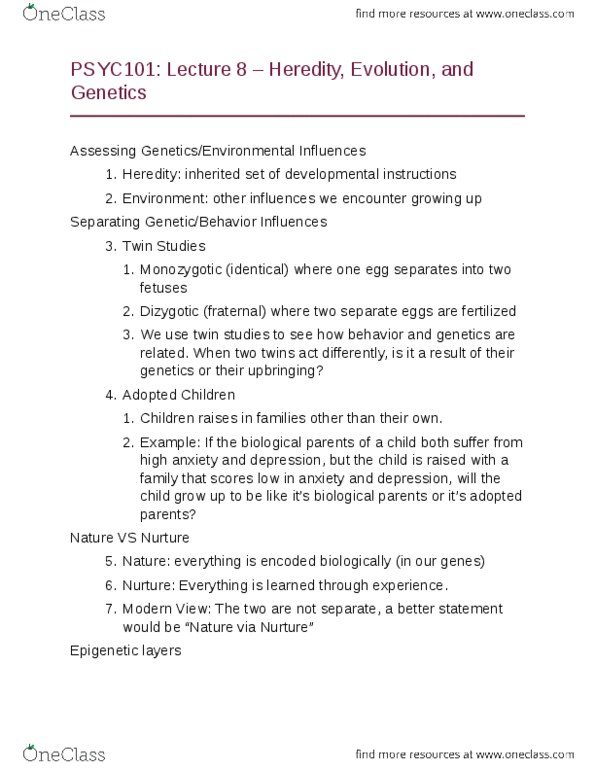 PSYC 101 Lecture Notes - Lecture 8: Twin Study, Twin, Polygynandry thumbnail
