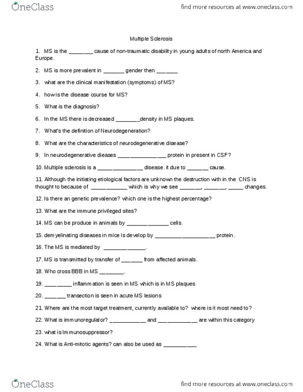 NEURO210 Lecture Notes - Lecture 3: Neurodegeneration, Multiple Sclerosis, Demyelinating Disease thumbnail