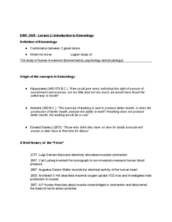 KINE 1020 Lecture Notes - Lecture 1: Cardiovascular Fitness, Body Composition, Luigi Galvani thumbnail