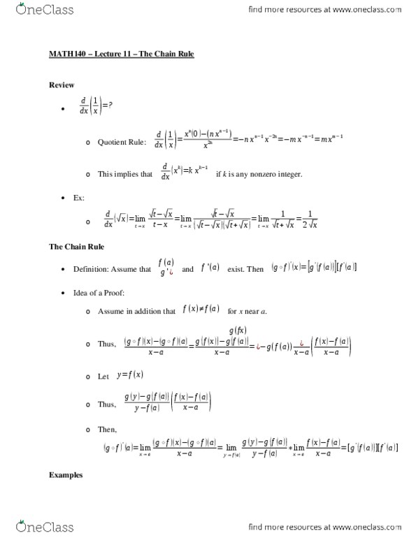 MATH 140 Lecture Notes - Lecture 10: Quotient Rule thumbnail