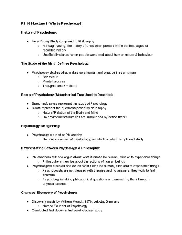 PS101 Lecture Notes - Lecture 1: Wilhelm Wundt, Mental Process thumbnail