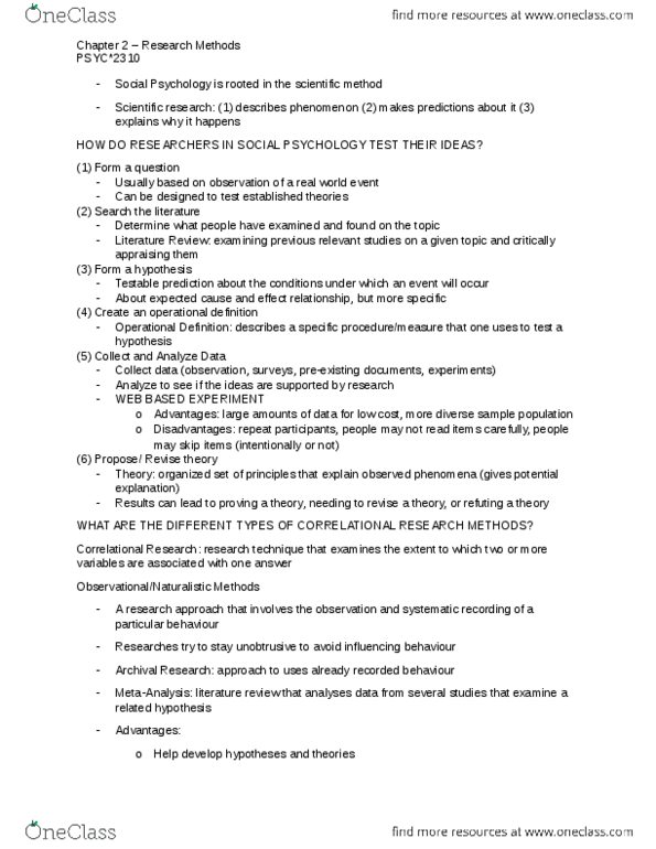 PSYC 2310 Chapter Notes - Chapter 2: Internal Validity, Demand Characteristics, Convenience Sampling thumbnail
