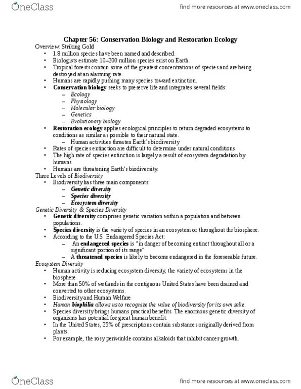 BIO153H5 Chapter Notes - Chapter 56: Sustainable Development, Biophilia Hypothesis, Population Viability Analysis thumbnail