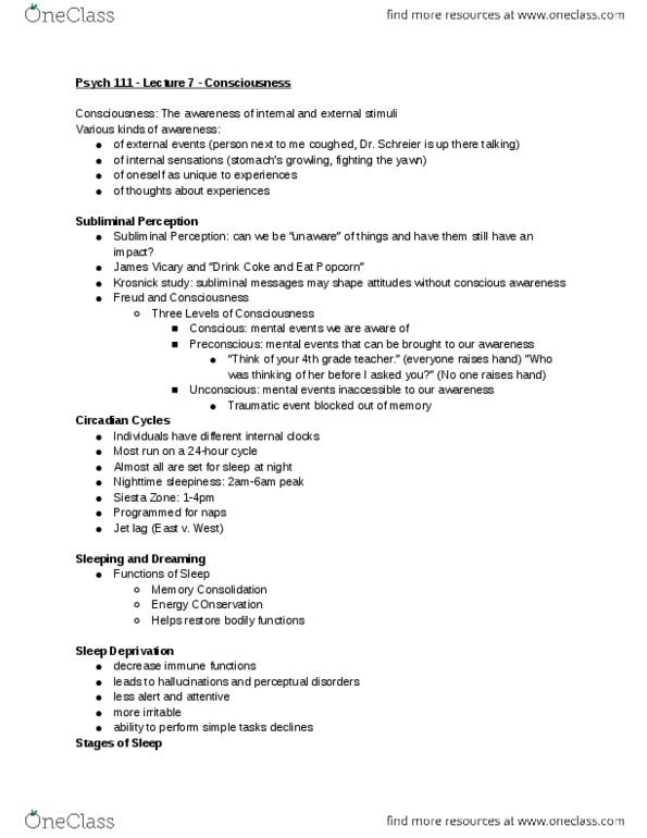 PSYCH 111 Lecture Notes - Lecture 7: Jet Lag, Hot Chocolate, Sensory Processing Disorder thumbnail