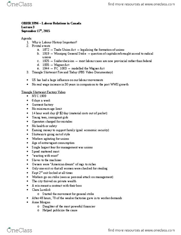 OBHR 3P96 Lecture Notes - Lecture 3: Triangle Shirtwaist Factory Fire, Winnipeg General Strike, Disturbance Storm Time Index thumbnail