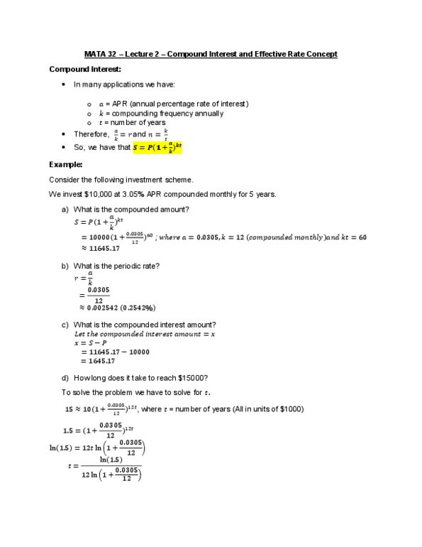 MATA32H3 Lecture Notes - Lecture 2: Annual Percentage Rate, Interest thumbnail