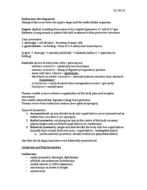 BIOL 111 Lecture Notes - Turbellaria, Triploblasty, Schistosomiasis thumbnail