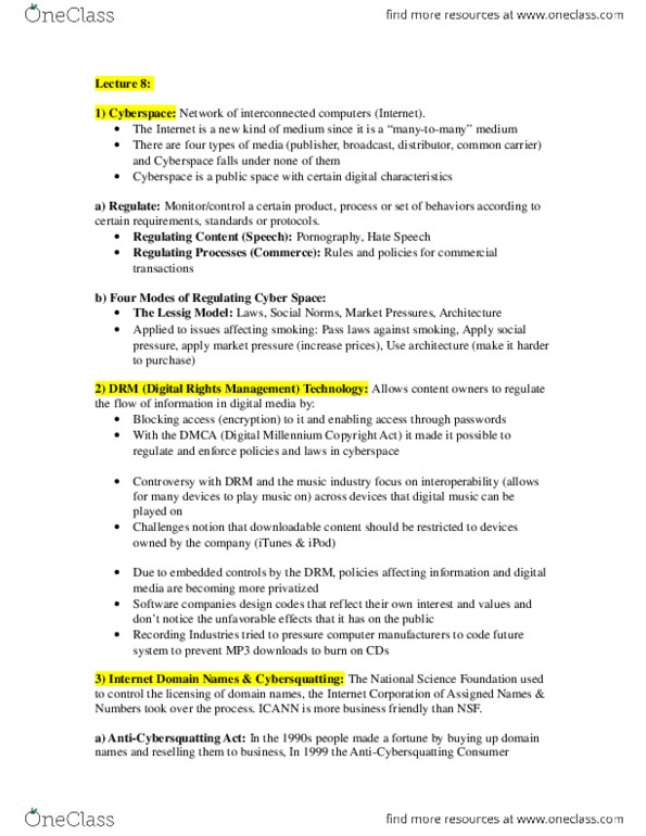 ITM 407 Lecture Notes - Lecture 8: Digital Millennium Copyright Act, Can-Spam Act Of 2003, Aaron Rodgers thumbnail